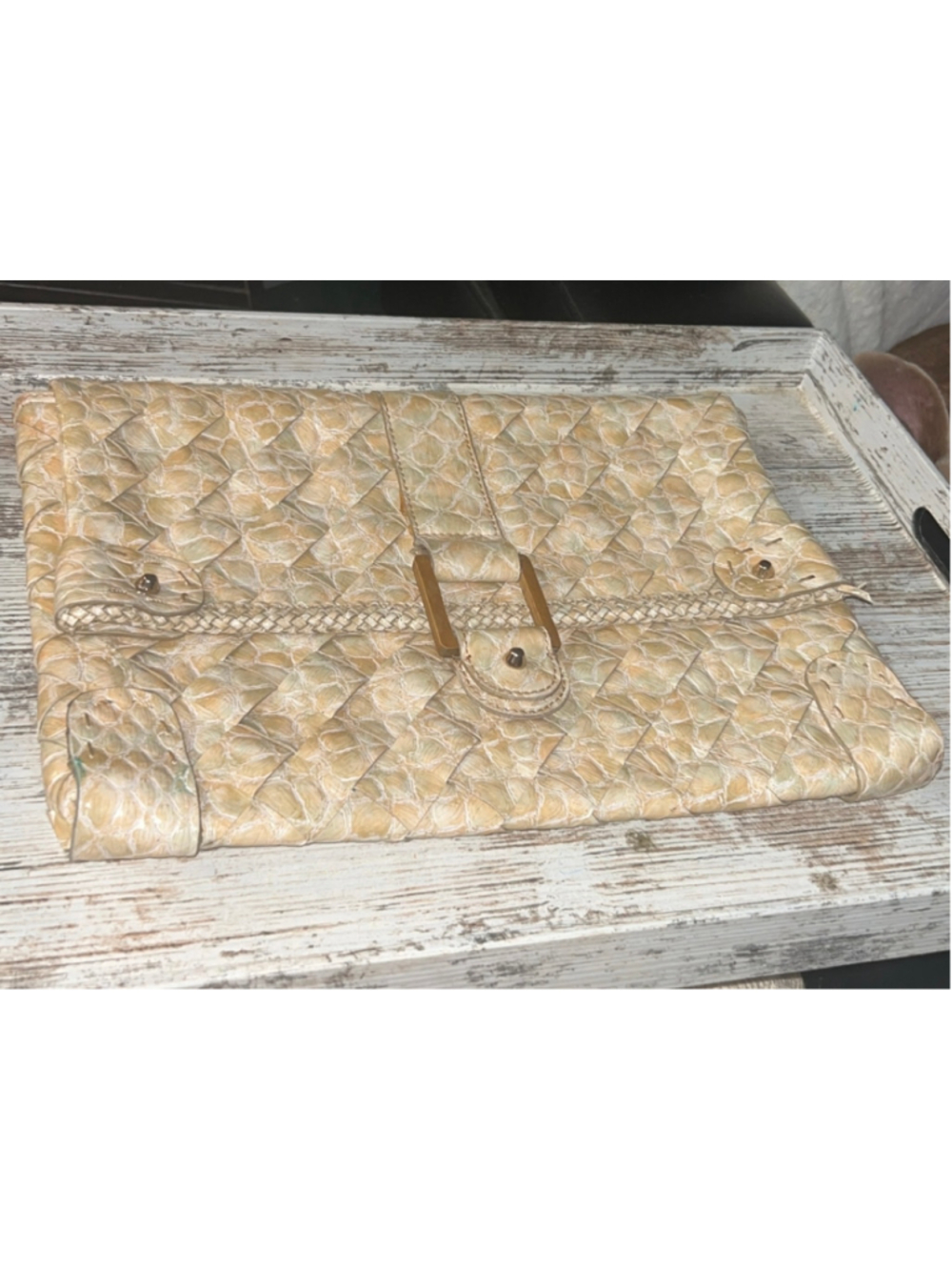 Women's Jessica Simpson Clutch One Size Beige Gold Woven Faux Leather